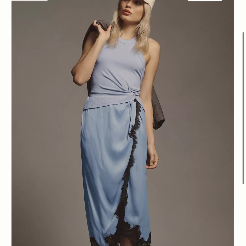 NWT Anthropologie Elegant Blue Skirt with Black Lace Trim